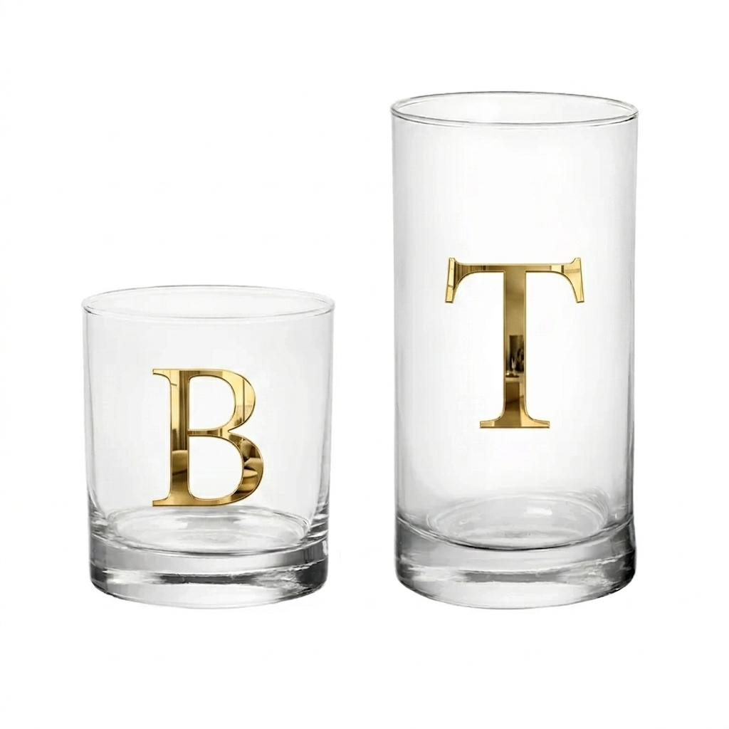 Custom drinking glasses with gold initial letters. Similar to the ones sold at Williams Sonoma. Sold here at Pennie's Little Keepsakes.com