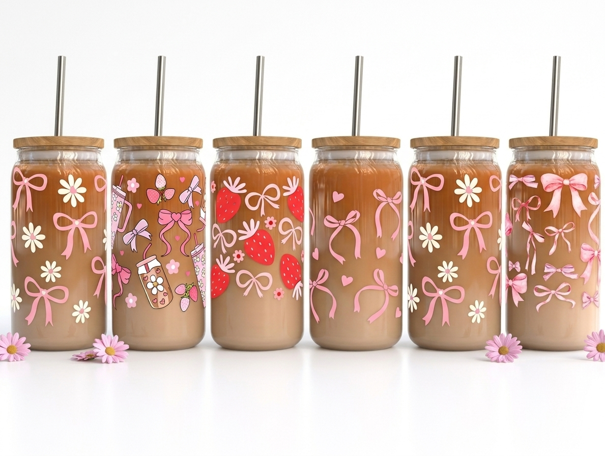 Coquette Bow Glass Tumbler with Bamboo Lid & Straw | 16oz Cute Aesthetic Iced Coffee Cup | Pink Bow Cup | Trendy Gift for Her