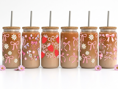 Coquette Bow Glass Tumbler with Bamboo Lid & Straw | 16oz Cute Aesthetic Iced Coffee Cup | Pink Bow Cup | Trendy Gift for Her