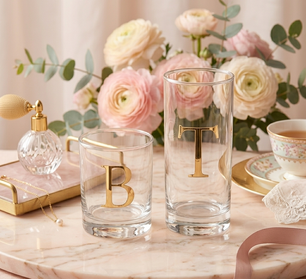 Clear drinking glass, with Gold initial letter. Sold at Pennie's Little Keepsakes