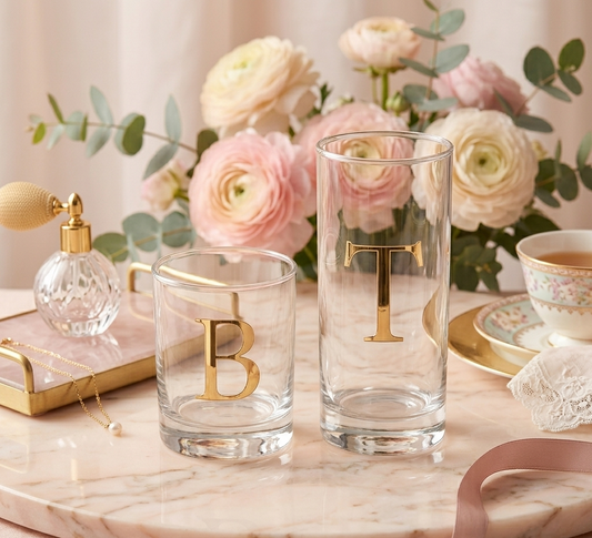 Clear drinking glass, with Gold initial letter. Sold at Pennie's Little Keepsakes