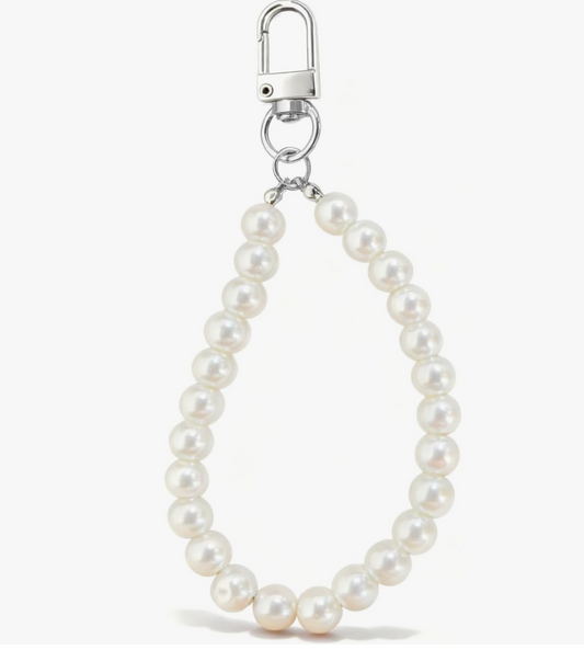 Elegant faux pearl wristlet keychain with beaded strap, stylish lanyard for keys, purse, or phone, lightweight and chic everyday accessory sold at Pennie's Little Keepsakes