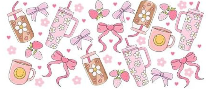 DTF Transfer of Pink Bows, Strawberries, & cups. Sweet Sips & Bows